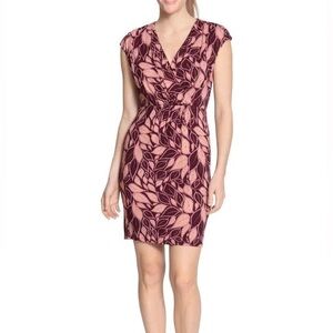 NWOT London Times Woman 14W Burgundy Maroon Orange Navy Leaf Faux Wrap Dress New